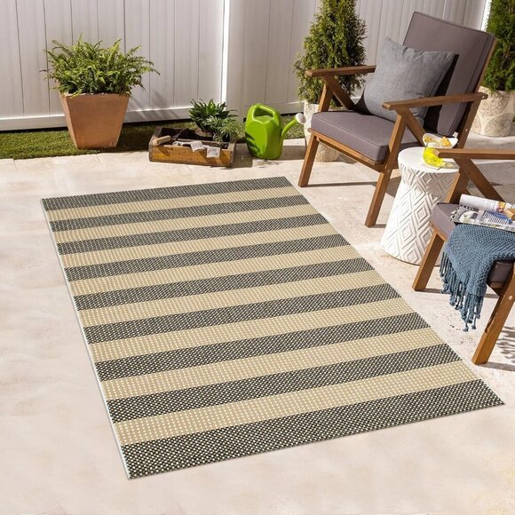 Black and Tan Boho Striped Rugs 3x5 Rug Outdoor Front Door Mat Hand Woven Washa